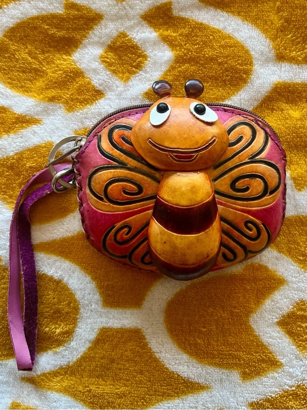 Bee Coin Wallet Wristlet w/ Zipper, Wrist Strap & Keychain, Purple/Brown/Yellow